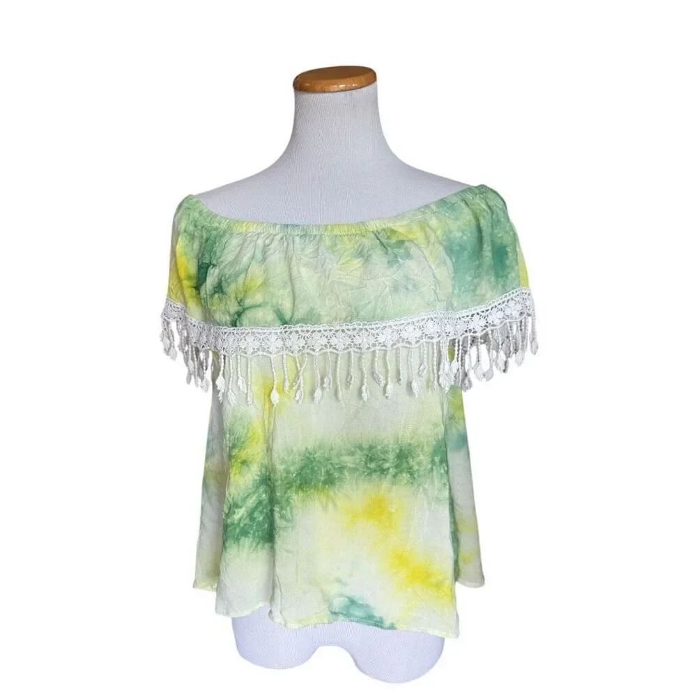 Womens Entro Tye Dye Dip Lace Fringe Off Shoulder Blouse Top - Sz L